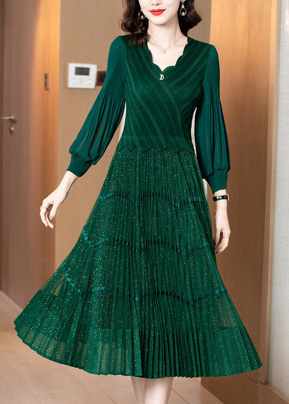 Stylish Green V Neck Patchwork Wrinkled Silk Long Dresses Long Sleeve