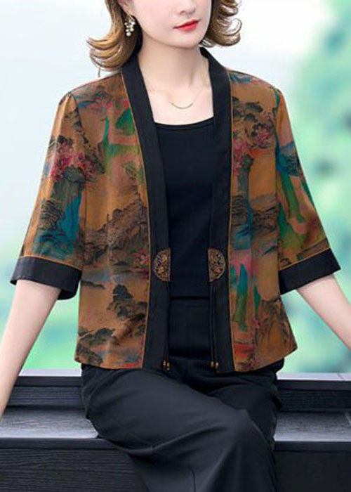 Stylish Khaki Oversized Print Silk Cardigan Half Sleeve