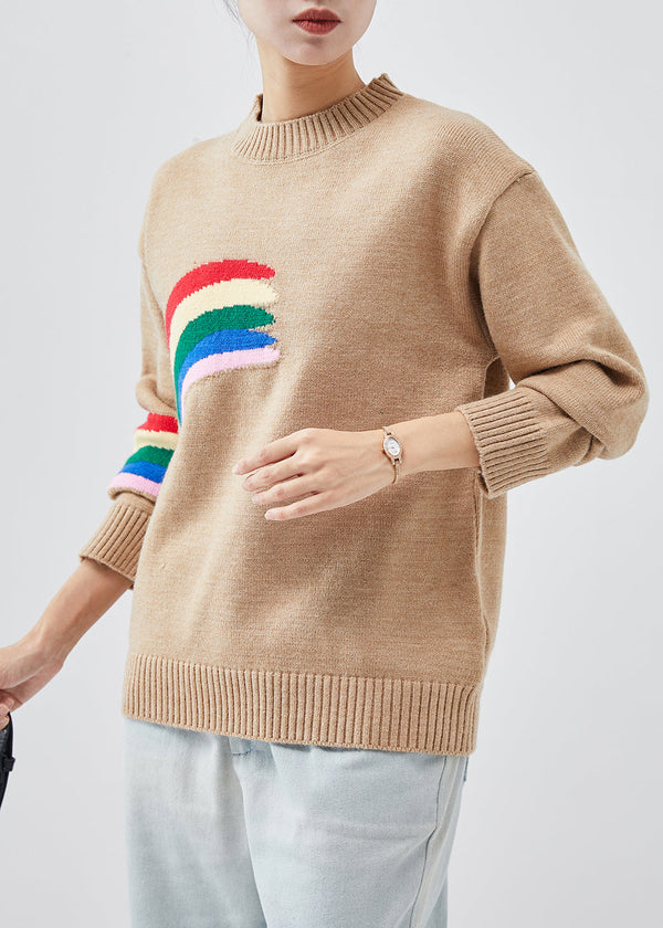 Stylish Khaki Rainbow Thick Knit Pullover Winter