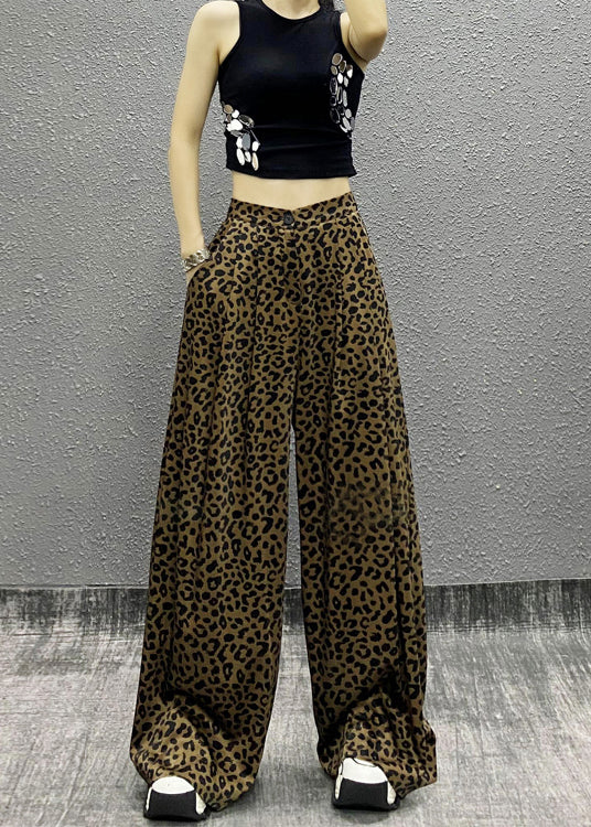 Stylish Leopard Pockets Cotton Wide Leg Pants Fall