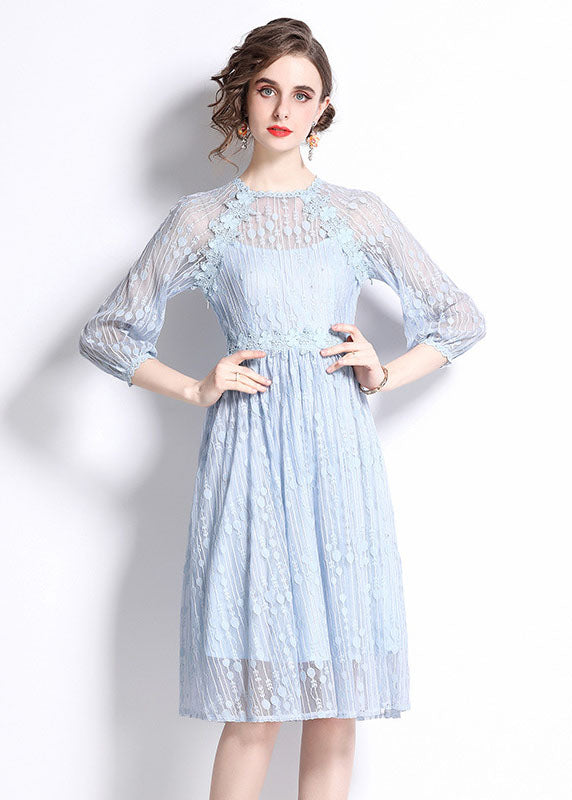 Stylish Light Blue Embroidered Patchwork Lace Cinch Dress Bracelet Sleeve