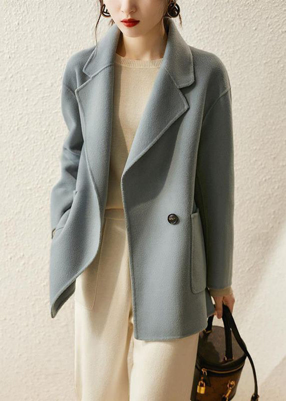 Stylish Light Blue Peter Pan Collar Pockets Patchwork Woolen Coats Fall