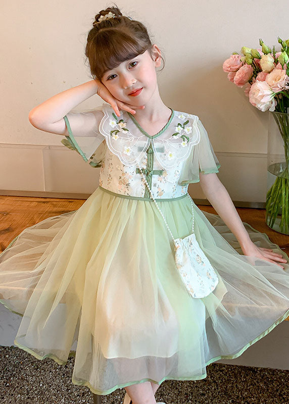 Stylish Light Green Embroidered Wrinkled Patchwork Tulle Kids Girls Dress Summer