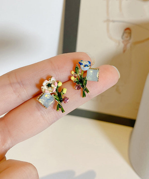 Stylish Multicolour Alloy Floral Enamel Stud Earrings