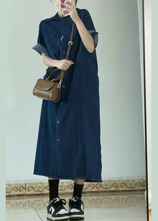 Stylish Navy Peter Pan Collar Patchwork Denim Shirts Dress Summer