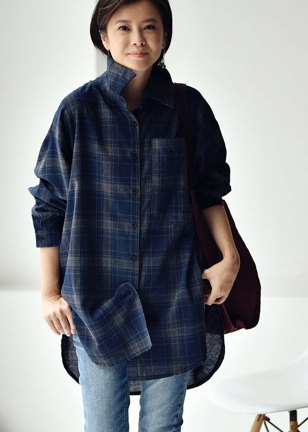 Stylish Navy Peter Pan Collar Plaid Low High Design Button Cotton Shirt Long Sleeve