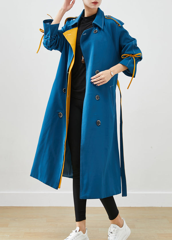 Stylish Peacock Blue Double Breast Tie Waist Cotton Coats Fall