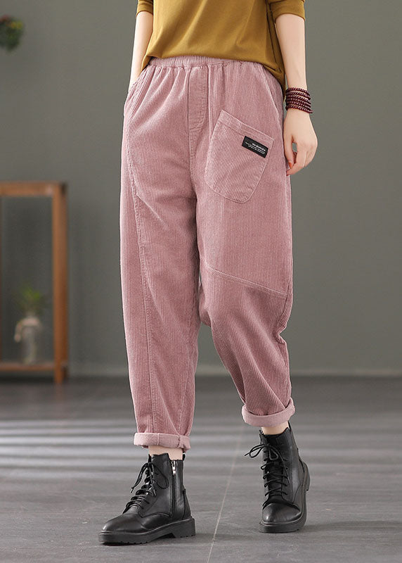 Stylish Pink Elastic Waist Patchwork Corduroy Harem Pants Fall