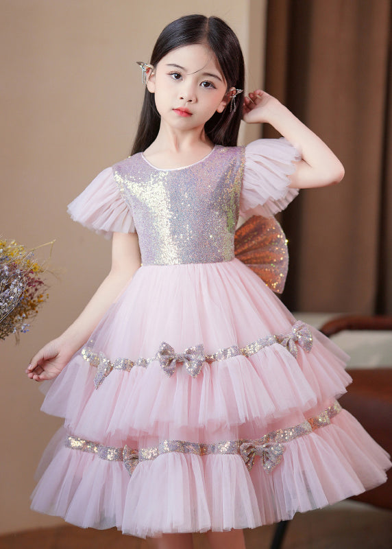 Stylish Pink Sequins Patchwork Bow Exra Large Hem Tulle Baby Girls Maxi Dresses Summer