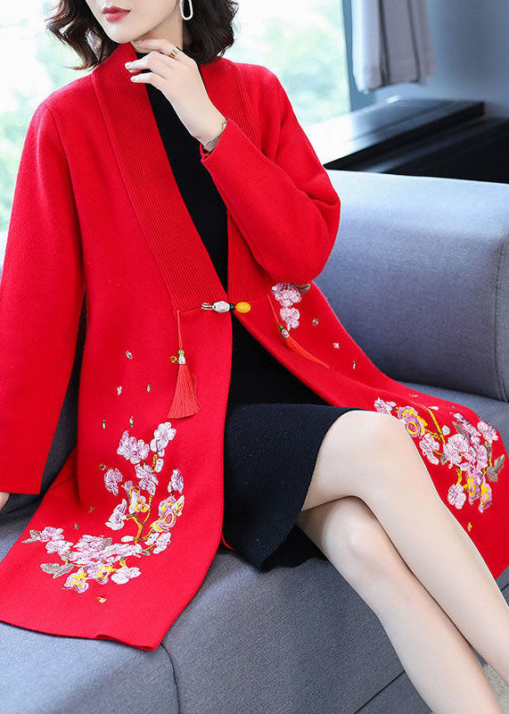 Stylish Red Embroidered Tassel Woolen Coats Long Sleeve