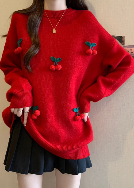 Stylish Red O-Neck Cherry Decorated Knit Sweater Winter