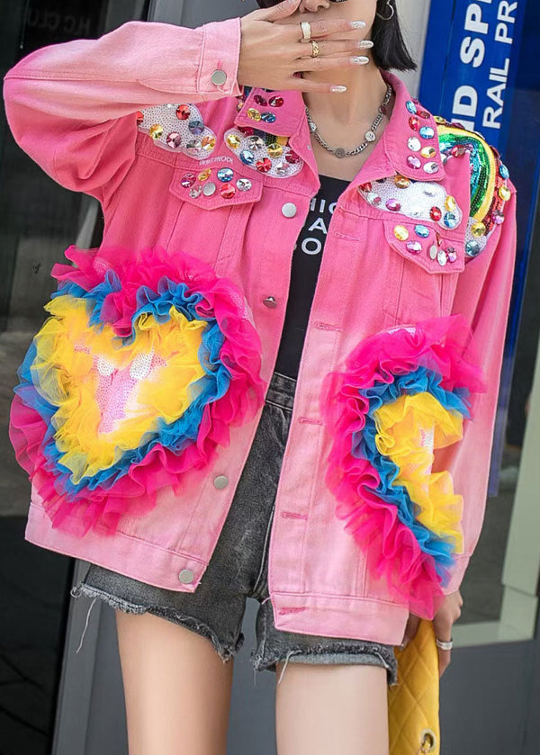 Stylish Rose Ruffled Zircon Sequins Patchwork Denim Coat Spring