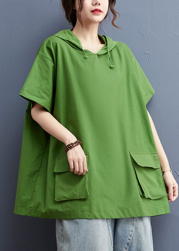 Stylish Solid Green Drawstring Hooded Pockets Cotton Loose Sweatshirt Tops Short Sleeve