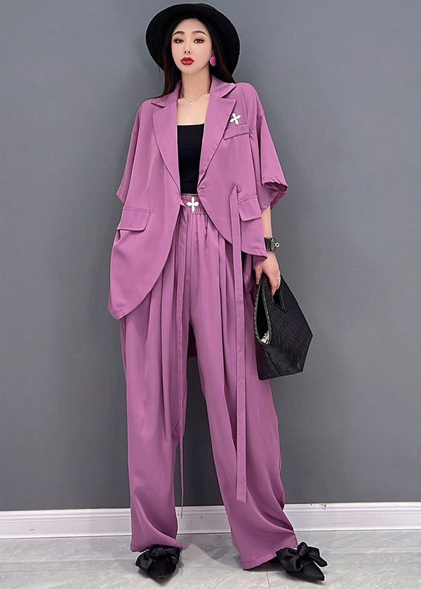 Stylish Solid Purple Notched Collar Tie Waist Low High Design Chiffon Two Pieces Set Summer