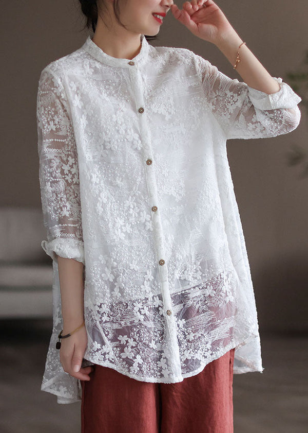 Stylish White Stand Collar Embroidered Patchwork Lace Shirt Tops Long Sleeve