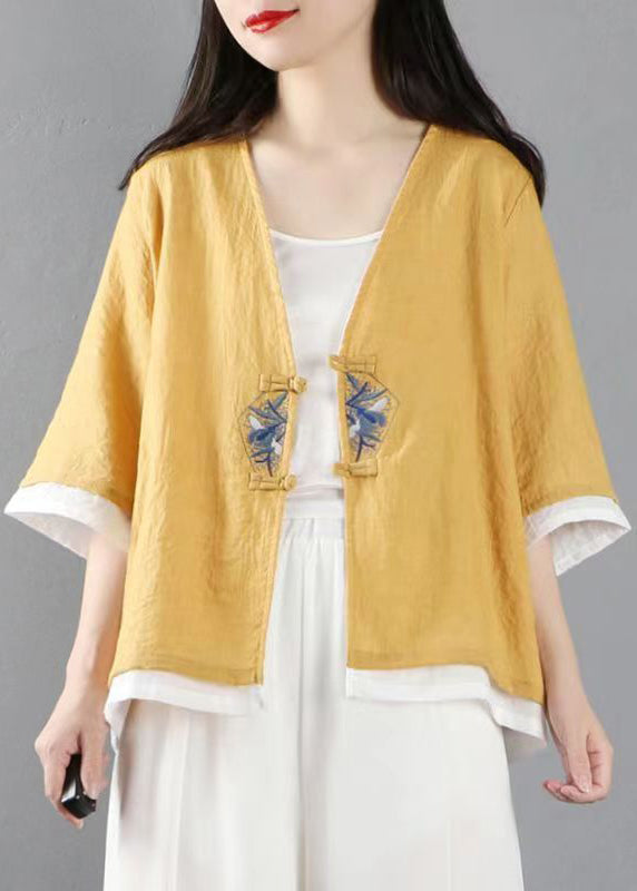 Stylish Yellow Embroidered Patchwork Cotton Tops Coats Summer