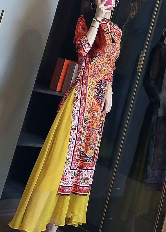 Stylish Yellow Print Patchwork Side Open Silk Dress Spring