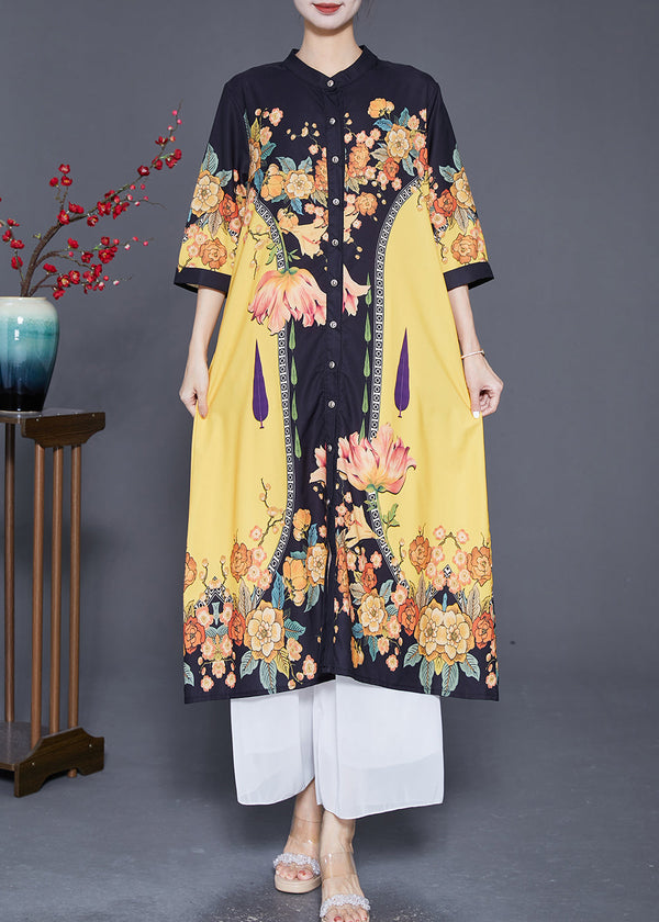 Stylish Yellow Print Stand Collar Silk Shirt Dresses Summer