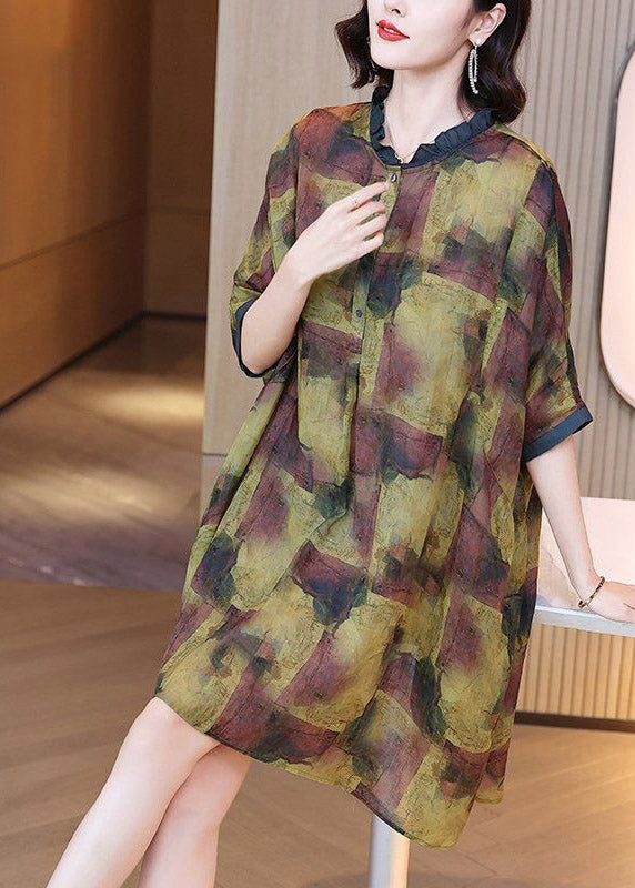 Stylish Yellow Ruffled Print Button Side Open Linen Dress Half Sleeve