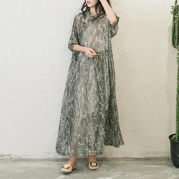 Stylish Print Chiffon Dresses Plus Size Casual Sundress Button Half Sleeve Maxi Dress