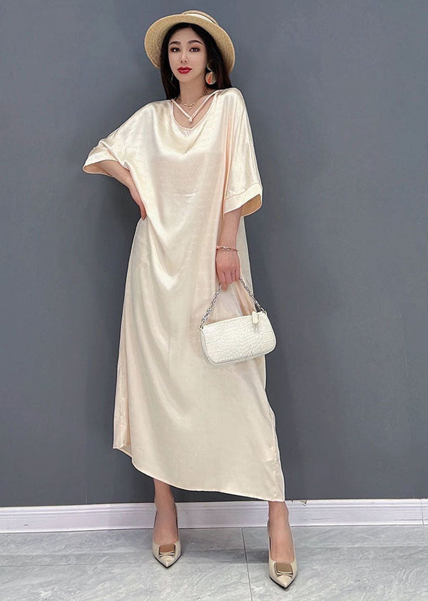 2022 Beige O-Neck Oversized Tie Waist Silk Long Dress Half Sleeve