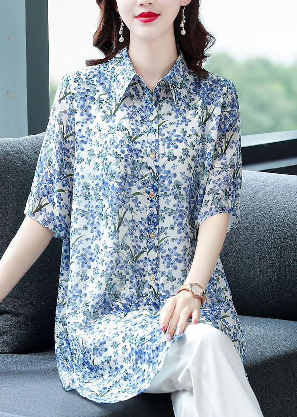 2022 Blue Peter Pan Collar Print Chiffon Long Blouse Top Half Sleeve