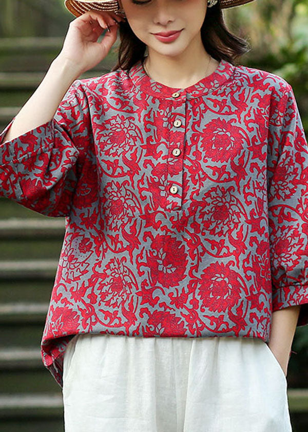 2022 Red O-Neck Jacquard Linen Blouse Tops Bracelet Sleeve