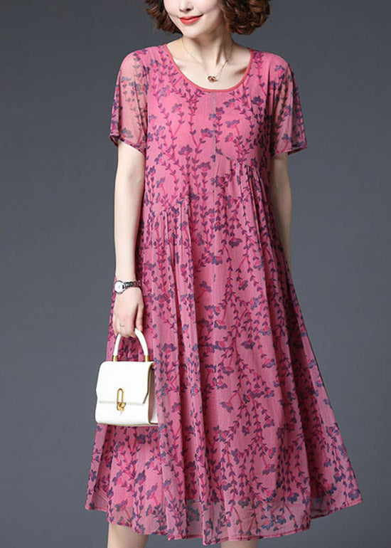 2022 Rose Wrinkled Chiffon Vacation Dress Short Sleeve