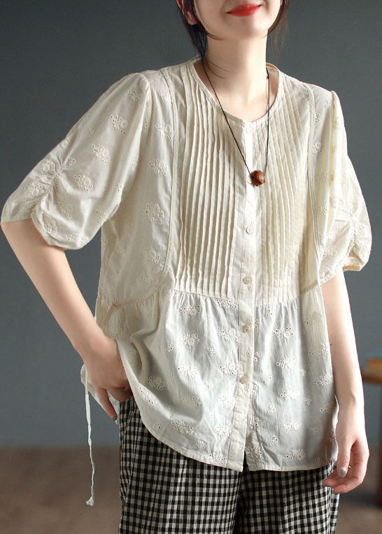 Unique Apricot Hollow Out Embroidered Wrinkled Patchwork Cotton Top Summer