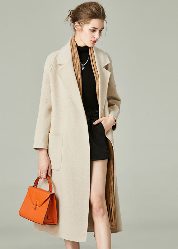 Unique Beige Peter Pan Collar Pockets Cashmere Cinch Coats Winter