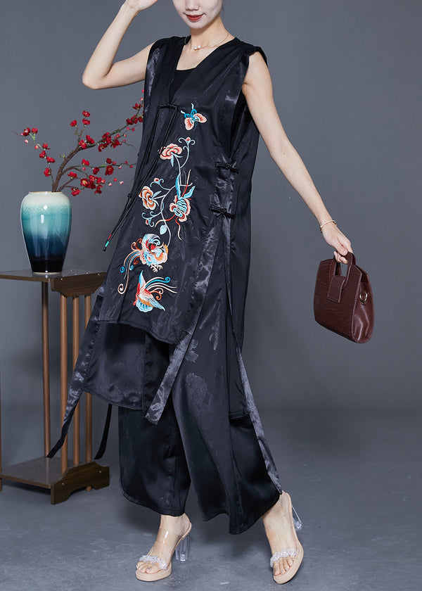 Unique Black Asymmetrical Design Embroidered Silk Two Pieces Set Summer