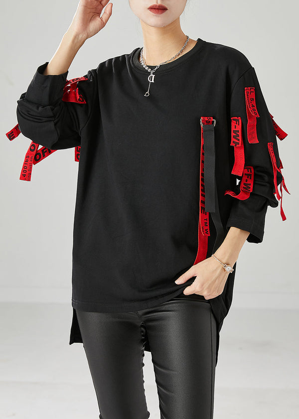 Unique Black Oversized Applique Cotton Pullover Streetwear Fall