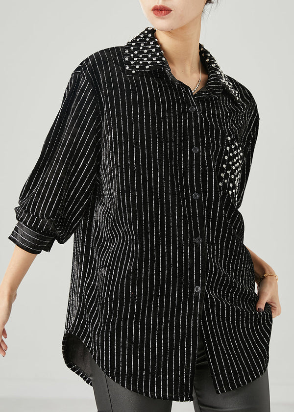 Unique Black Oversized Striped Nail Bead Velour Top Spring