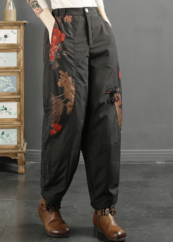 Unique Black Print High Waist Duck Down Beam Pants Winter