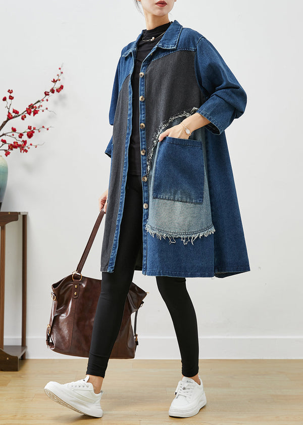 Unique Blue Asymmetrical Patchwork Denim Trench Coats Fall