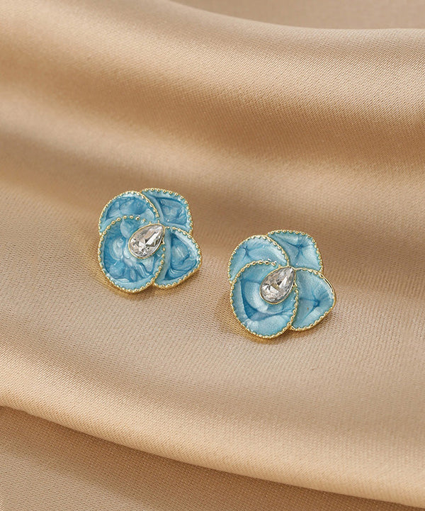 Unique Blue Copper Alloy Drip Glaze Floral Stud Earrings