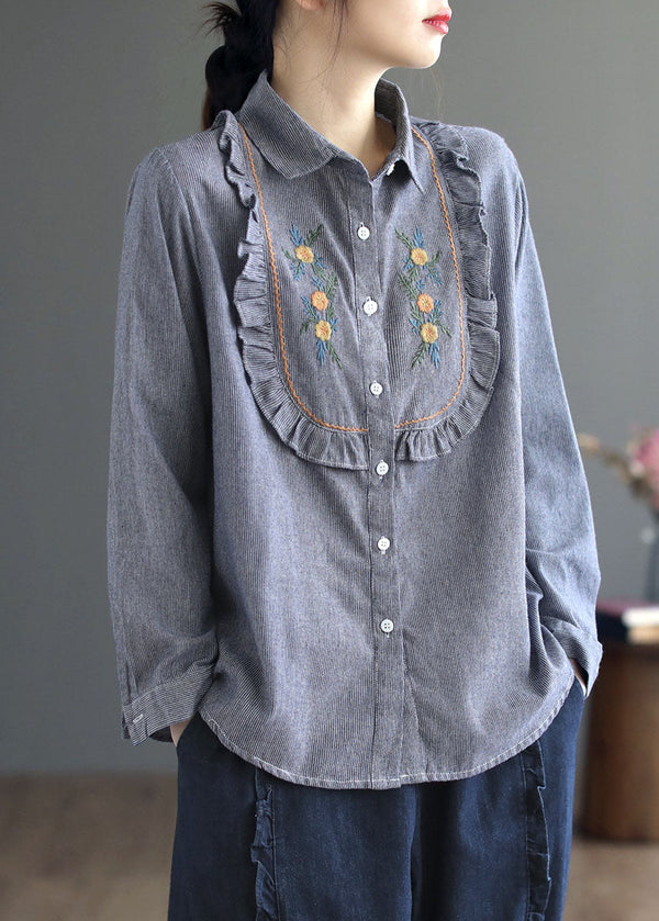 Unique Blue Ruffled Patchwork Embroidered Cotton Shirt Top Spring