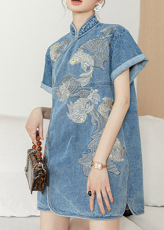 Unique Blue Stand Collar Embroidered Floral Side Open Button Cotton Denim Mid Dress Short Sleeve