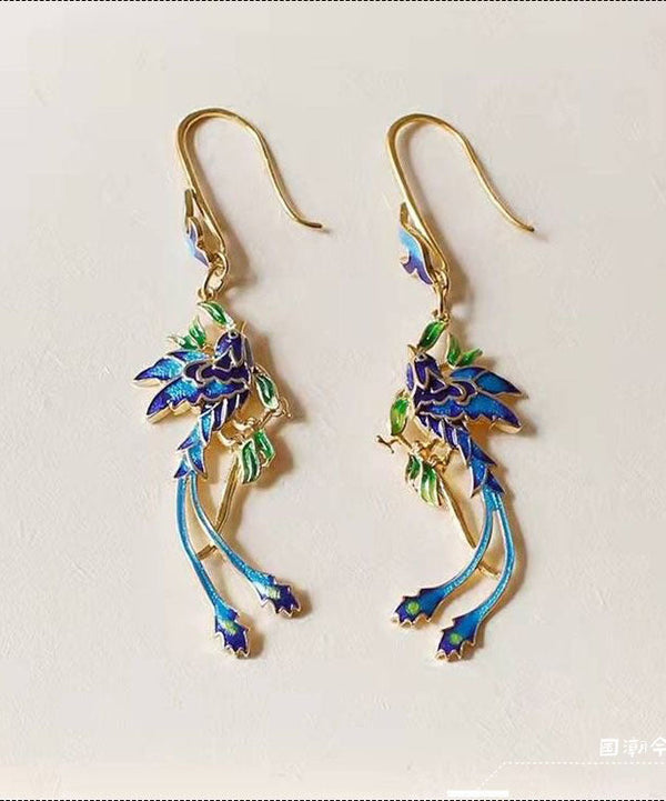 Unique Blue Sterling Silver Overgild Cloisonne Drop Earrings