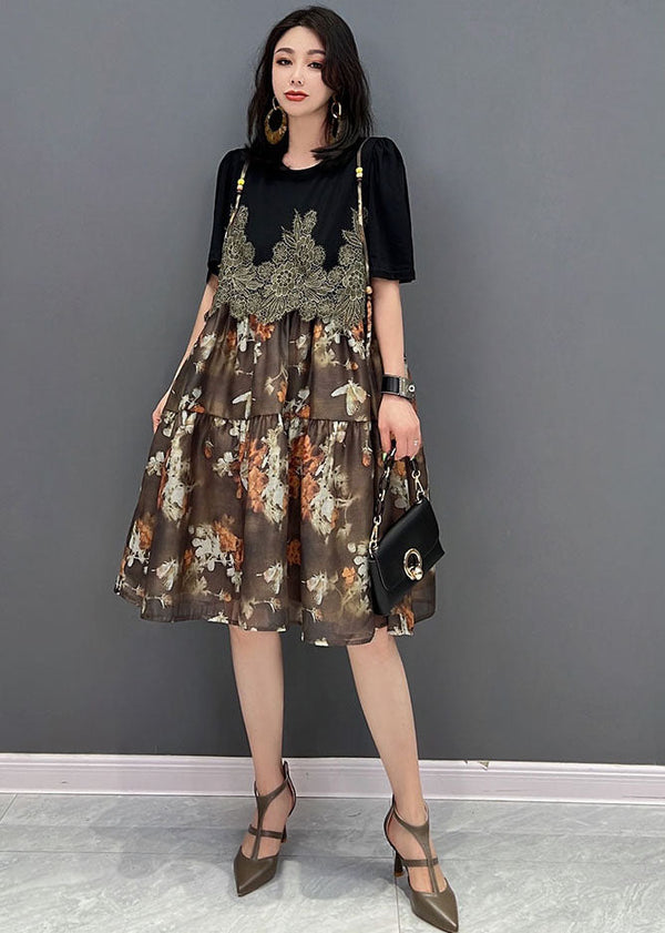 Unique Brown O-Neck Embroidered Patchwork Print Mid Dress Short Sleeve