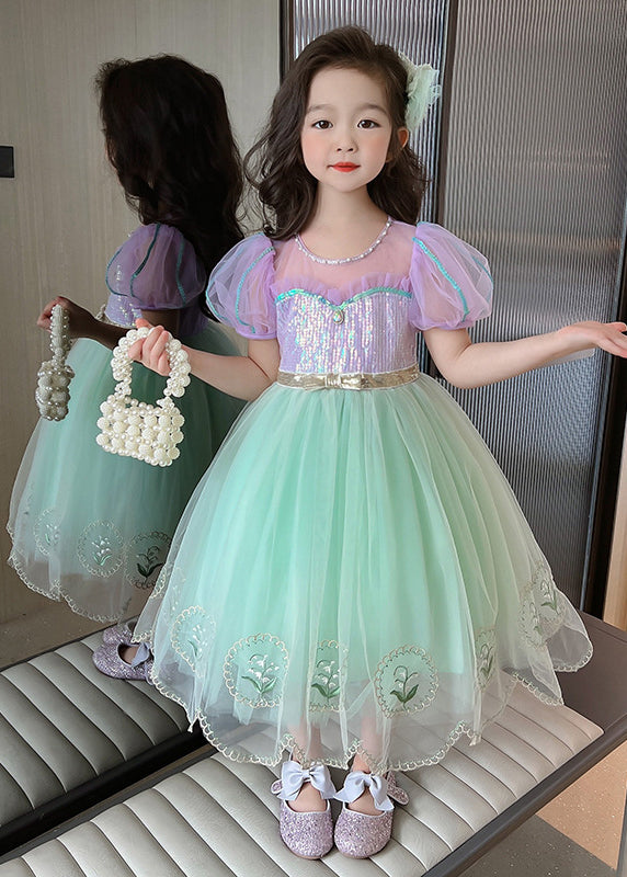 Unique Colorblock Embroidered Patchwork Tulle Kids Girls Long Dresses Summer