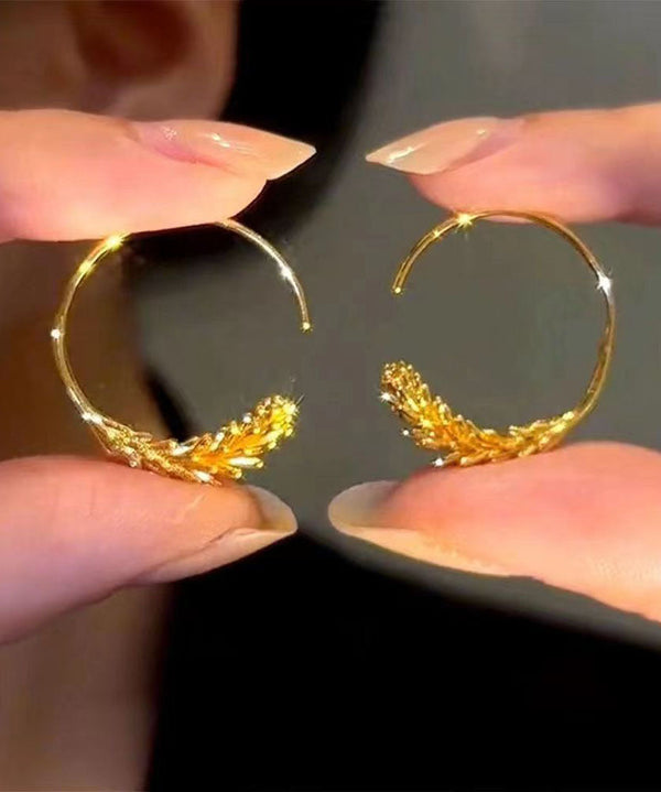 Unique Gold Sterling Silver Overgild Wheat Ears Hoop Earrings