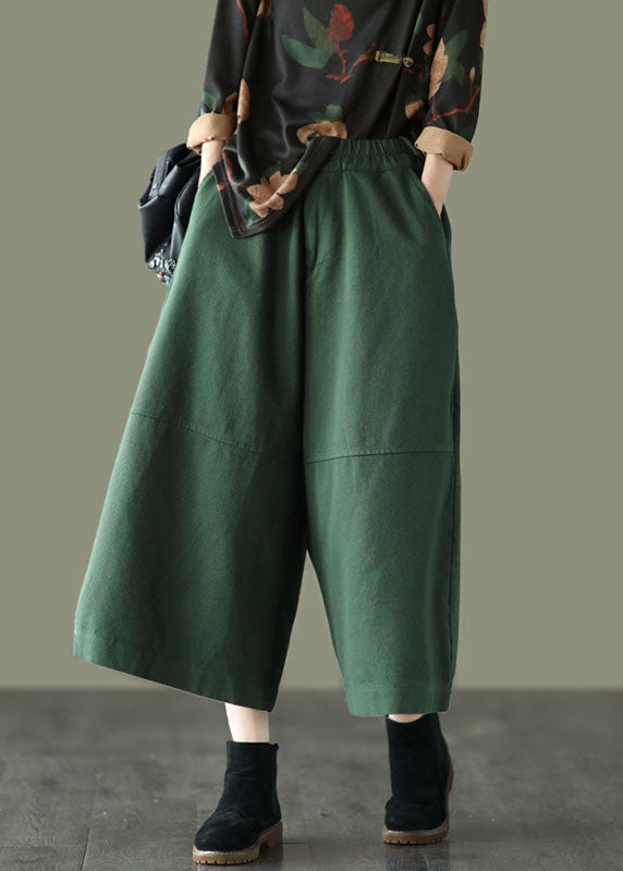 Unique Green Elastic Waist Patchwork Cotton Wide Leg Pants Spring