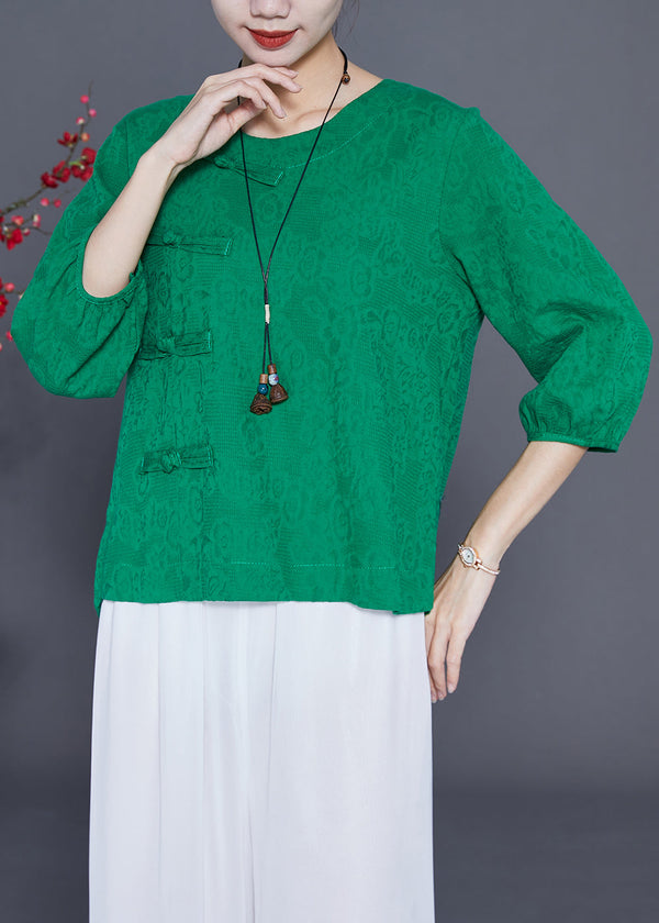 Unique Green Oversized Chinese Button Cotton Shirt Bracelet Sleeve