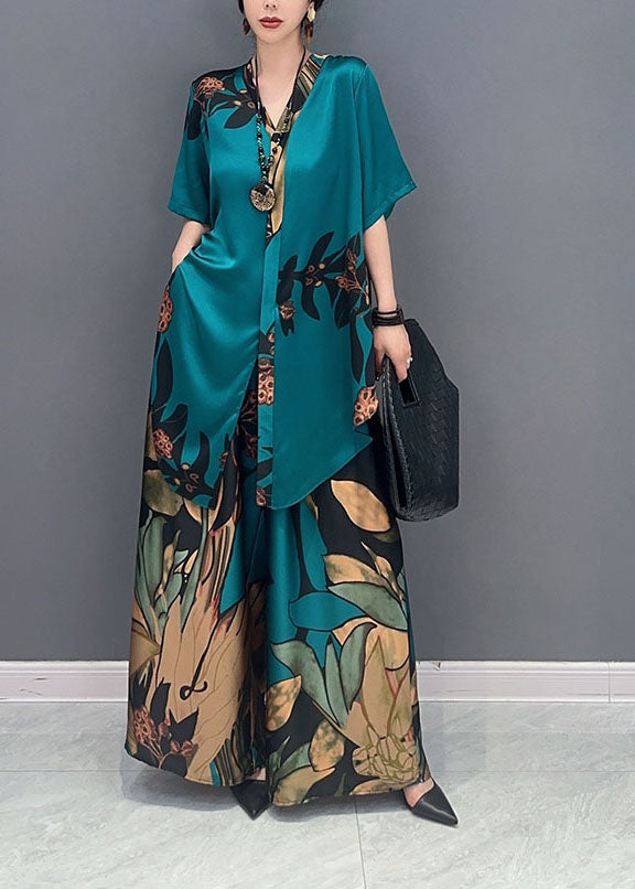 Unique Green Oversized Print Chiffon Women Sets 2 Pieces Summer