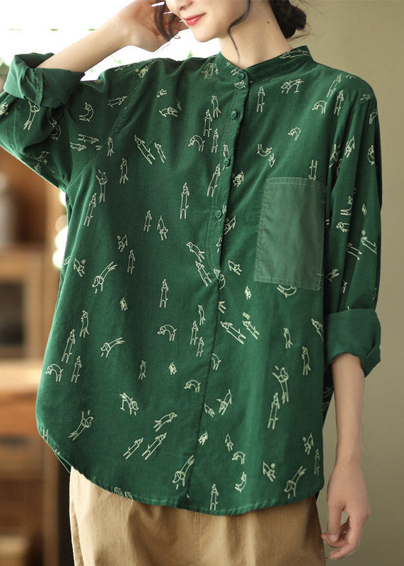 Unique Green Stand Collar Print Button Velour Shirt Long Sleeve