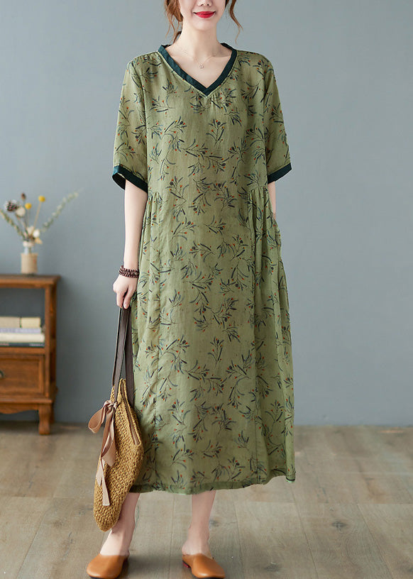 Unique Green V Neck Print Patchwork Linen Long Dress Summer