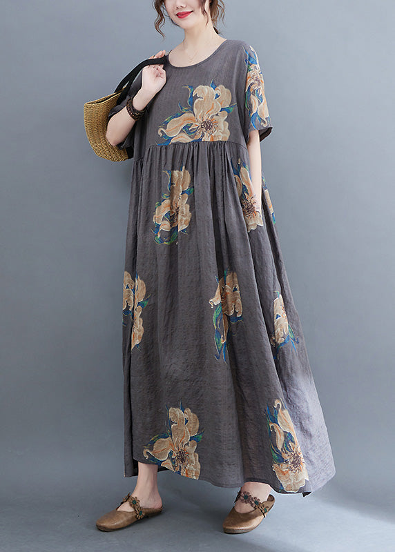 Unique Grey O-Neck Print Patchwork Robe Dresses Summer