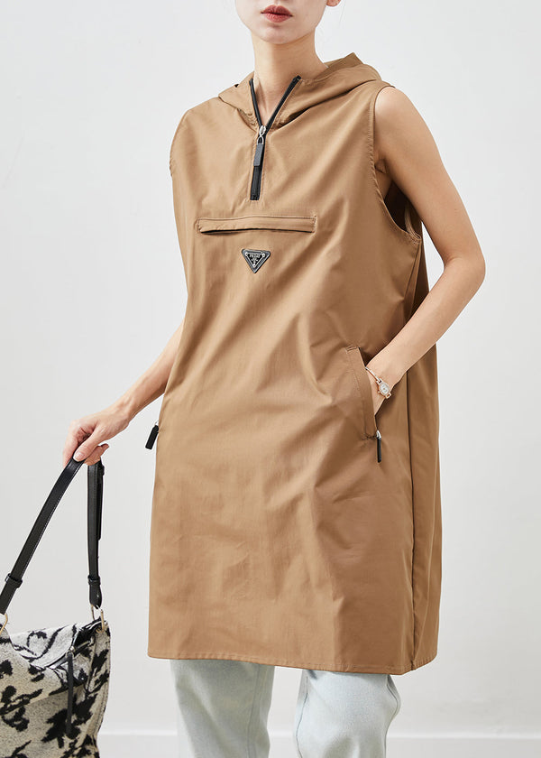 Unique Khaki Hooded Cotton Mini Dresses Sleeveless