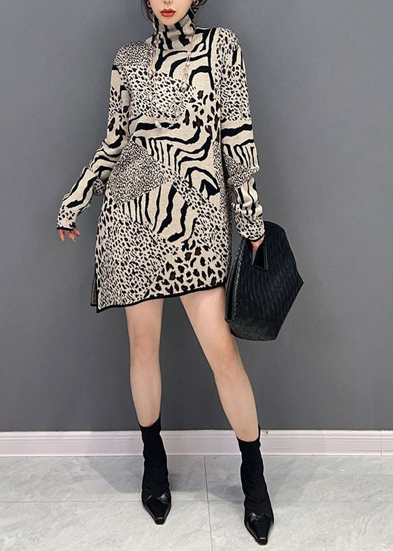 Unique Khaki Turtle Neck Leopard Print Side Open Knit Dress Spring